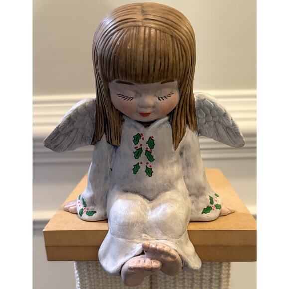 Vintage 1984 Hand Painted Angel Shelf Sitter Figurine Signed Becky 8in Ceramic” - Picture 2 of 7